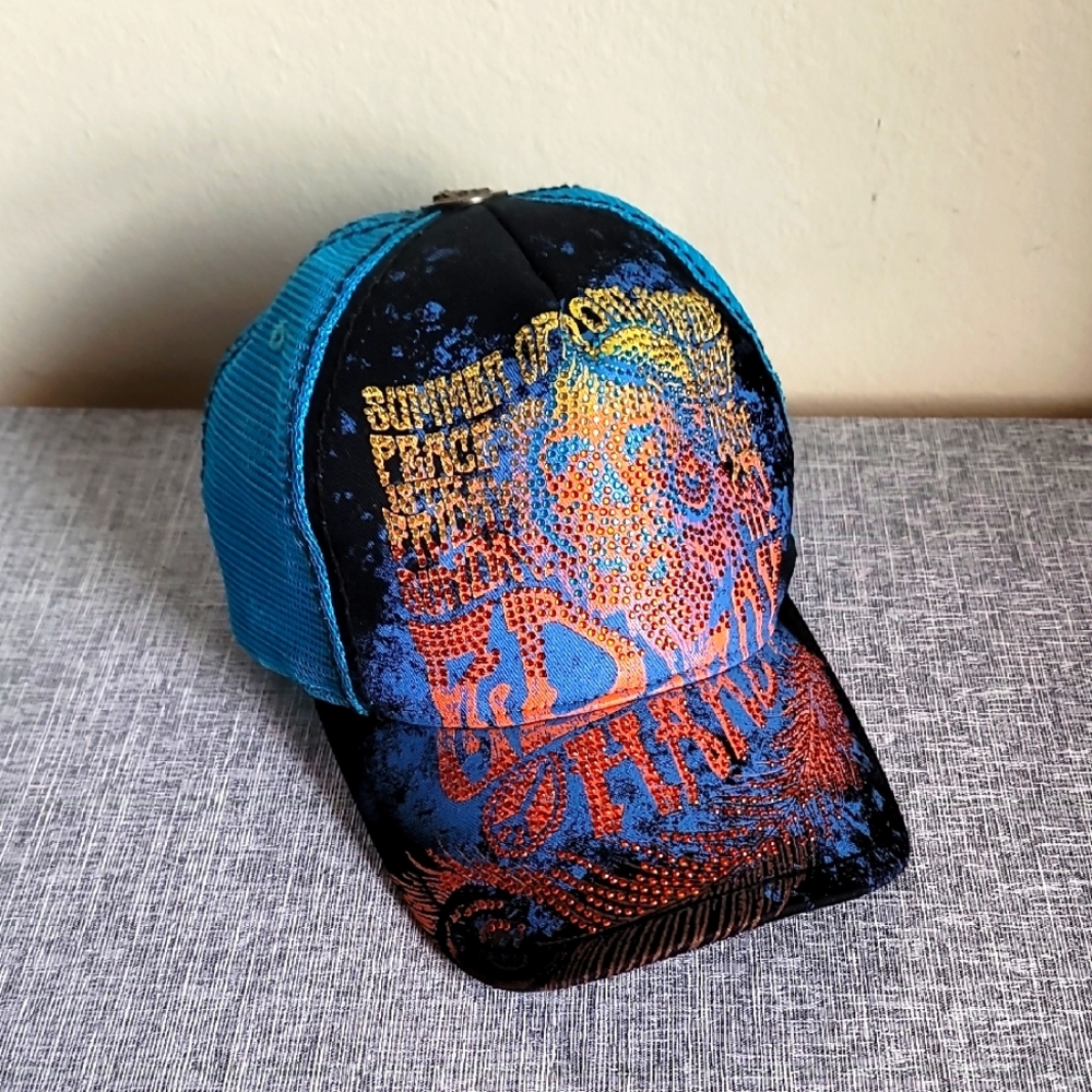 Vintage Y2K Ed Hardy Adjustable Bling Trucker Hat Blue Orange Mesh